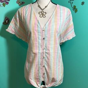 French Laundry Striped Button Up Front Tie Cotton Blouse